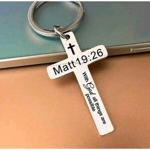 2/$21 Silver Matt 19:26 Keychain - Religious Verse Stainless Steel Keyring